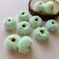 Soft 20mm light green faux rabbit fur pompom beads with golden metal ring inserts - Milky Green