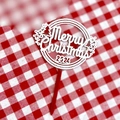 Macro shot of a white acrylic Merry Christmas 2024 cake topper with holiday tree details - Red White Round Double Layer Merry Christmas
