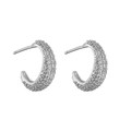 Macro view of C-shaped earrings featuring multi-row pave-set cubic zirconia and silver finish - Silver-Plated White Zirconia C-Shape