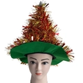 Festive Christmas tree hat with red and gold tinsel stripes and a star topper - A19 Tinsel Hat Red