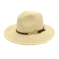 Straw sun hat with brown leather band and gold buckle, featuring frayed edge design - M (56-58cm) / Beige