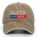 Detail of Harris 2024 embroidery and washed cotton fabric on khaki baseball cap - Khaki