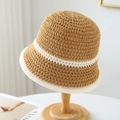 Handwoven straw bucket hat in light brown with white hollow wavy pattern and wide brim - M(56-58cm) / Contrast Wave Edge (5640) / Khaki