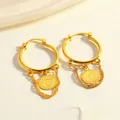18K gold coin hoop earrings featuring vintage relief pendants and woven chain tassels - Circle Chain Style