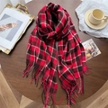 Thick checkered scarf in red and black plaid with tassel fringe on a wooden background - Red & Black Plaid (WT142-3)