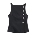 Women's black sleeveless top with large sparkling rhinestone buttons on the front side - XS / Black