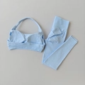 Set yoga celeste senza cuciture con leggings a vita alta a coste e reggiseno sportivo - Taglia S / Top E Pantaloni / Azzurro