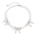 Elegant pearl necklace featuring three silver bow pendants and adjustable chain - Silver Triple Bow Necklace (10 Silver N-097)