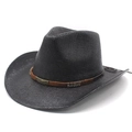 Classic black straw western cowboy hat with wide brim and vintage metal buckle belt - M (56-58cm) / Black