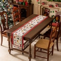 Christmas table runner with festive tree patterns and red tassels on wooden table - Red Green Tassel / 35x120cm / White Gingerbread (Hand Wash Only)