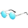 Steampunk round sunglasses with silver metal frame and reflective blue mirrored lenses - Silver Frame Blue Mirror