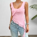 Pink Y2K ruffled mesh tank top with U-neck design paired with light denim jeans - S / Pink