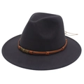 Classic black wool fedora hat with brown leather band and bronze skull metal buckle decoration - Dark Gray