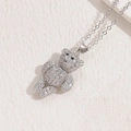 Silver teddy bear pendant necklace with white zircon pavé and 14K gold plating - Platinum Silver Bear