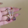 Boucles d'oreilles dorées avec fleur en zircon violet et pendentif goutte d'eau chic - Tige en Argent-Gland de Fleur Violette