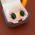 Detailed view of vintage oval glass earrings with pink petals in a blue velvet box - 73# Silver Pin-Pink-Green-Ear Clip