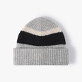 Winter rib-knit wool hat in tri-color block design with grey cream and black folded cuff - Adjustable / Light Gray
