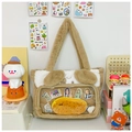 Detail of plush brown and white tote bag with transparent PVC window and cute ears - Winter Plush Version / Brown