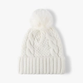 Berretto bianco in maglia da donna con grande pompon in pelliccia e trama a treccia - Bianco