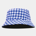 Detailopname van blauw pied-de-poule patroon en zwarte voering op een canvas vissershoed - M (56-58cm) / Blauw/Wit Pied-de-Poule