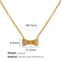 Golden bowknot pendant necklace in stainless steel with rhinestones and size details - White Rhinestone Bow Knot Necklace (XL266) / Gold