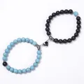 Set de bracelets magnétiques cœur pour couples avec perles en turquoise et noir mat - Cœur Noir et Blanc - Turquoise et Pierre Dépolie