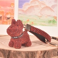 Sparkling red rhinestone French bulldog keychain with matching leather strap and metal ring - Dark Red