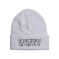 Detail of WIFEY embroidery on white cuffed knit beanie with premium ribbed texture - One Size / White