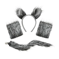Gray faux fur wolf costume set including animal ear headband, paws, and plush long tail - Curly Hair Wolf 4-Piece Set
