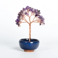 Amethyst crystal money tree with copper wire branches in a blue ceramic bowl base - Amethyst