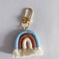 Handmade rainbow keychain featuring blue, brown, and off-white cotton weaving with gold clasp - Blue Coffee