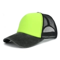 Neon green and charcoal grey mesh trucker hat with distressed brim and breathable back - Neon Yellow