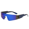Futuristic rimless wraparound sports sunglasses with blue mirrored lenses for women - Black Frame Blue Coating