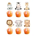 Set of 12 watercolor animal cupcake toppers featuring lions, zebras, and giraffes - Cupcake Toppers