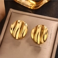 Vintage 18K gold-plated irregular wavy round stud earrings with textured metallic finish - Wave Wrinkle Disc (E-284) / 18K Gold / Gold