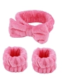 Pink coral fleece bow headband and wristband set for face washing and skincare - 3-Piece Headband Set / Rose Red