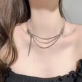 Pink pearl necklace with silver multi-layer chains and purple gemstone accents - Pink Artificial Pearl Purple Gem Multi-Layer Necklace (X1155)