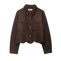 Dunkelbraune Jacke in Wildlederoptik mit durchbrochenem Spitzensaum und Taschen - XS / Outerwear