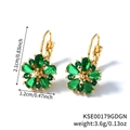 Detailed view of rose gold flower earrings with green zircon gems and size dimensions - Gold Green