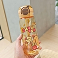 Detail of orange cartoon water bottle with straw, carry strap and secure lid buckle - 600ml / LF-2028 Brown (Capybara)