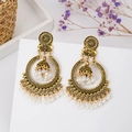 Vintage gold turquoise earrings with white faux pearl beads in bohemian ethnic style - Bell Artificial Pearl Tassel Gold Style (E3405-1)