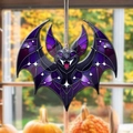 Detailed view of a purple acrylic bat hanging ornament against an autumn window background - Purple Black Symmetrical Bat / 15CM