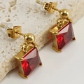 Elegant gold square red crystal earrings on stone background, premium jewelry style - Red