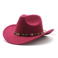Rose red western wool felt cowboy hat with leopard print band and feather detail - M (56-58cm) / Burgundy