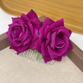 Magenta rose bridal hair comb with flocked petals and silver metal teeth pins - FS11-6 Purplish Red
