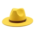 Detail of yellow wool fedora hat featuring a brown leather band and antique metal buckle - M (56-58cm) / Yellow