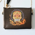 Black PU leather crossbody bag with colorful sugar skull diamond art and gold chain - Sugar Skull-KB04