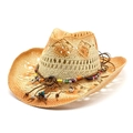 Bohemian gradient straw cowboy hat with colorful beads and shell trim on white background - M(56-58cm) / Rice Camel