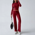 Red two-piece yoga set with long sleeve crop top and drawstring wide leg pants - XS / Burgundy