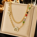 Collier double rang doré avec perles colorées, chaîne cubaine et pendentifs Arbre de Vie - Style Double Couche Perles Colorées Arbre de Vie (N2284)